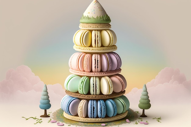 Pile de macarons au sommet d'un arbre Generative AI