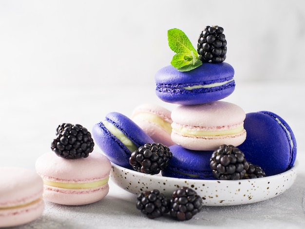 Pile de macarons de baies avec feuille de mûre et de menthe sur la texture blanche