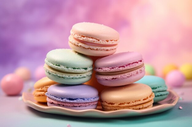 Une pile de macarons colorés sur une assiette