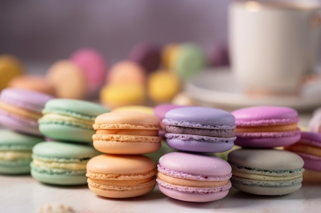 Une pile de macarons colorés sur une table