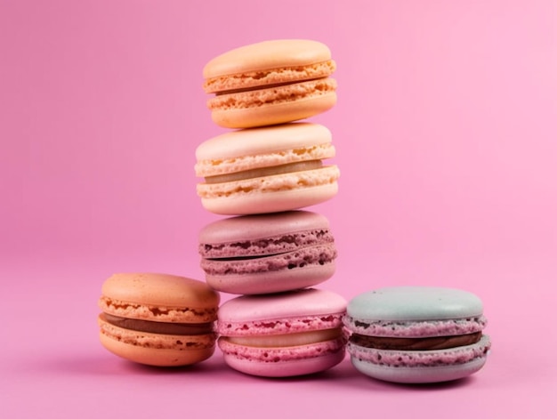 Une pile de macarons sur fond rose