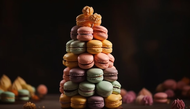 Une pile de macaroons multicolores, une indulgence française dans un arrangement rustique généré par l'intelligence artificielle