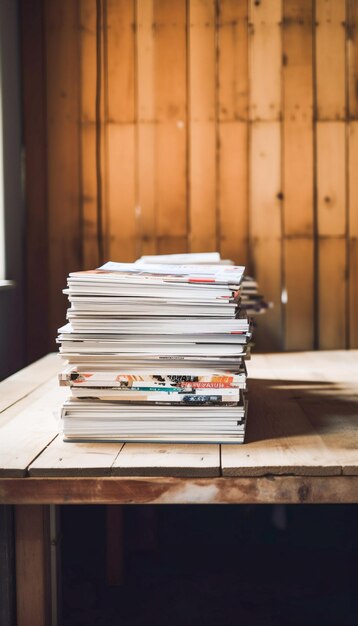 Une pile de magazines sur une table en bois