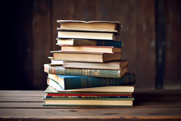 Une pile de manuels sur une table en bois signifie l'éducation
