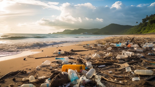 Une pile d'ordures sur la plage Des ordures de plage