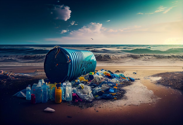 Pile d'ordures sur la plage Pollution de l'environnement concept génératif ai