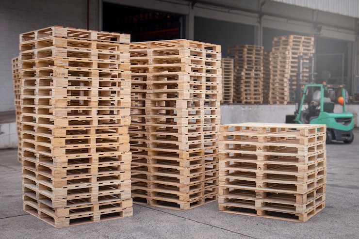 Photo pile de palettes en bois à l'entrepôt de stockage.