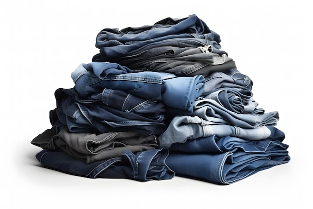 Pile de pantalons jeans sur fond blanc réseau de neurones ai généré