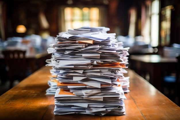 Une pile de papiers posés sur une table en bois AI