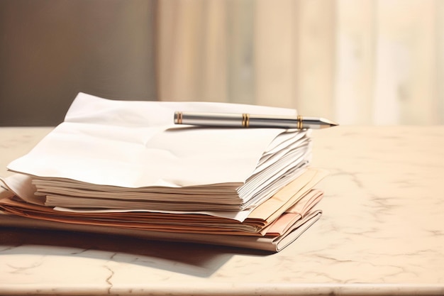 Pile de papiers et un stylo sur une table