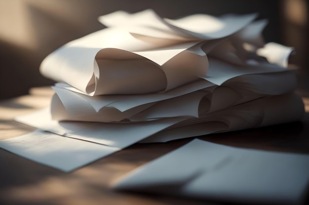 Photo une pile de papiers sur une table en bois en gros plan dans un bureau concept d'entreprise généré par l'ia