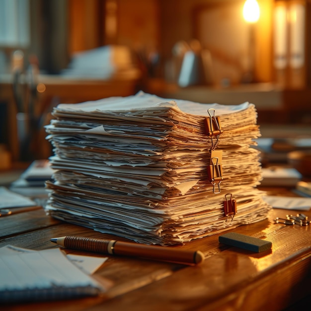 Une pile de papiers sur une table en bois avec un stylo et une gomme à côté