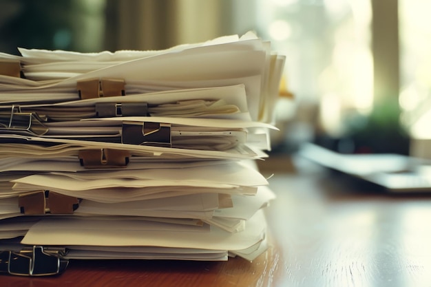 Photo une pile de papiers sur une table en bois