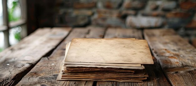 Une pile de papiers sur une table en bois