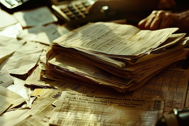 Photo une pile de papiers sur une table.