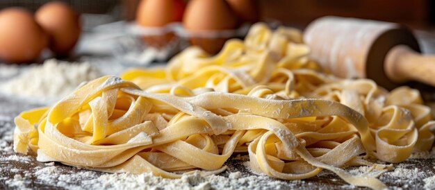 Une pile de pâtes non cuites sur la table