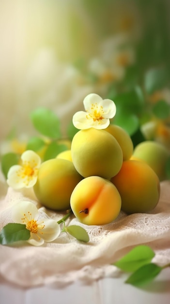 Une pile de pêches avec une fleur sur le dessus