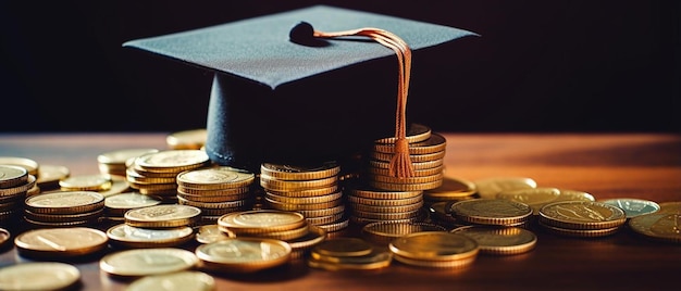 une pile de pièces avec un chapeau de graduation sur le dessus