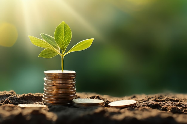 une pile de pièces avec une jeune plante dans le coin sur le dessus sous la lumière du soleil de plus en plus conce finance