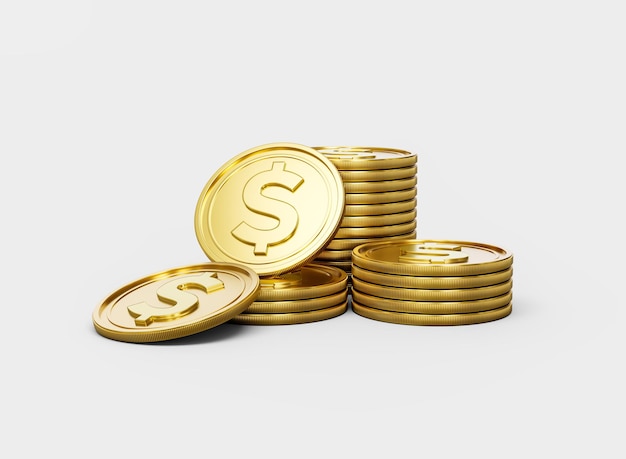 Une pile de pièces d'or d'un dollar américain, des pièces arrondies brillantes, empilées sur un fond blanc.