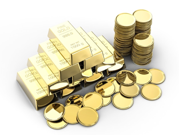 Pile de pièces d'or et de lingots sur fond blanc