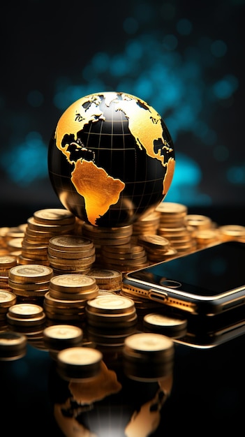 La pile de pièces d'or pour smartphone et le globe terrestre symbolisent les opportunités commerciales mondiales Vertical Mobile