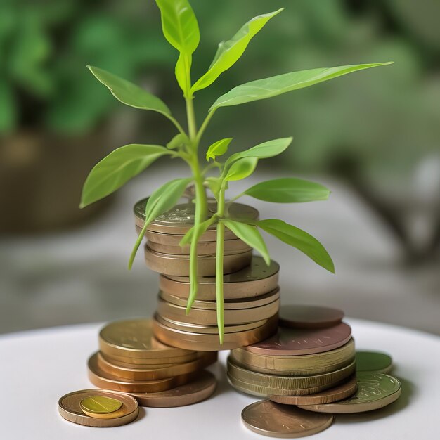 Une pile de pièces avec une plante qui en sort