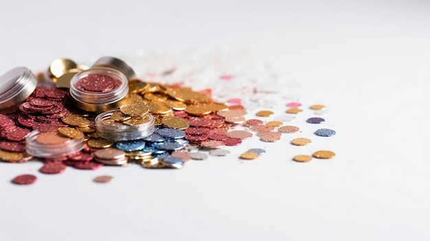 Une pile de pièces et un récipient en argent avec une pièce rouge scintillante dessus.