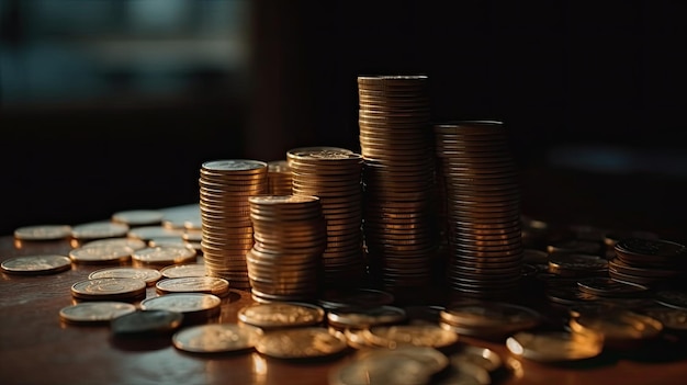 Une pile de pièces sur une table avec l'une d'elles étiquetées pièces d'or.