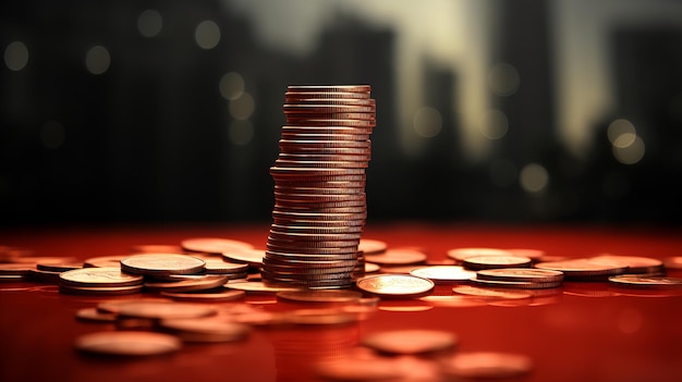 Une pile de pièces sur une table rouge vif