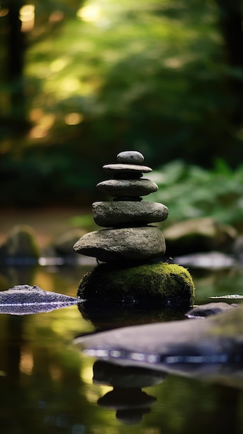 Une pile de pierres dans une rivière avec un fond vert