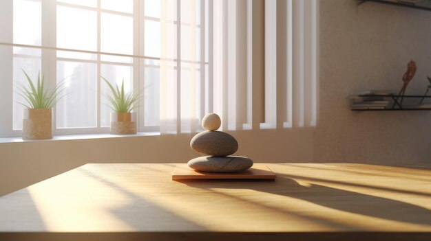 Une pile de pierres équilibrée sur une table en bois avec des plantes d'intérieur par une fenêtre ensoleillée