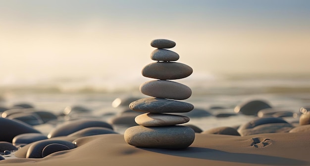 une pile de pierres est sur une plage de sable dans le style de l'imagerie d'inspiration japonaise