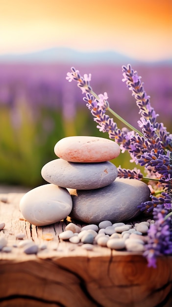 Photo une pile de pierres et de fleurs violettes