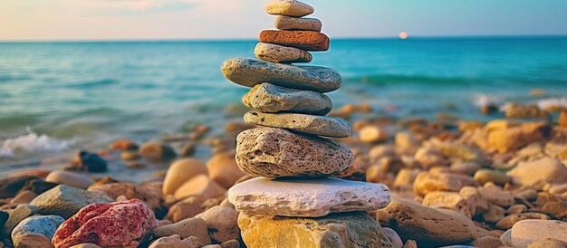 Une pile de pierres, une méditation, un équilibre de yoga sur le rivage, de près.