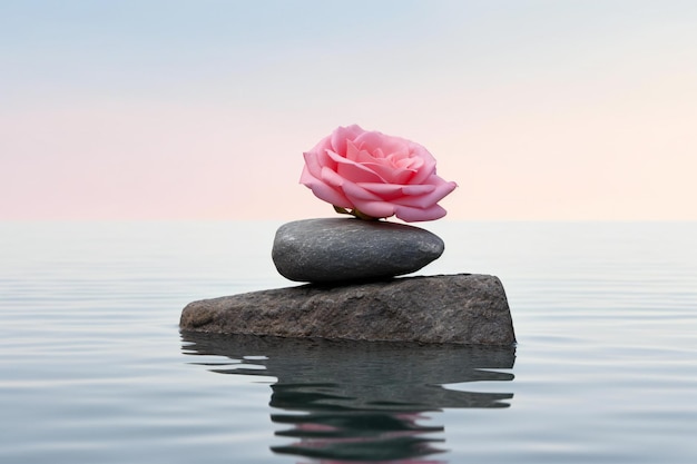 Une pile de pierres et une rose rose sur l'eau avec un ciel bleu