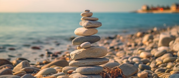 Pile de pierres yoga méditation équilibre sur mer close up