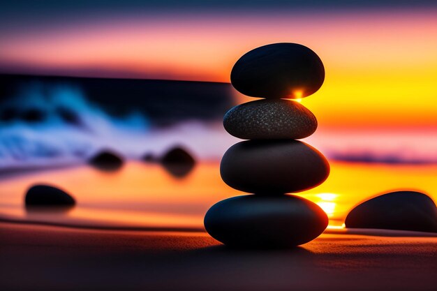 Photo pile de pierres zen sur une plage de galets au coucher du soleil équilibrer les pierres sur une plage