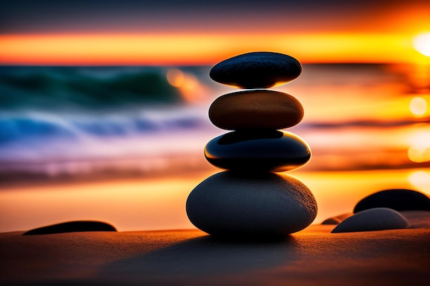 Pile de pierres zen sur une plage de galets au coucher du soleil Équilibrer les pierres sur une plage
