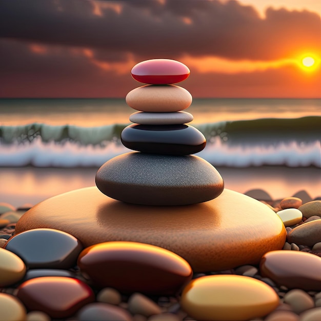 Pile de pierres zen sur la plage de galets au coucher du soleil