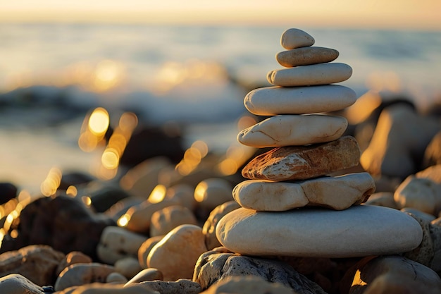 Une pile de pierres zen sur le rivage au coucher du soleil