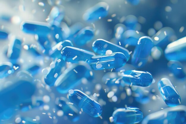 Une pile de pilules d'antibiotiques, des capsules bleues qui tombent, des soins de santé et un arrière-plan médical en 3D.