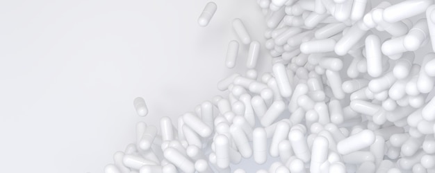 Pile de pilules de médecine colorée qui tombent. Arrière-plan d'illustration 3D de soins de santé et médical.