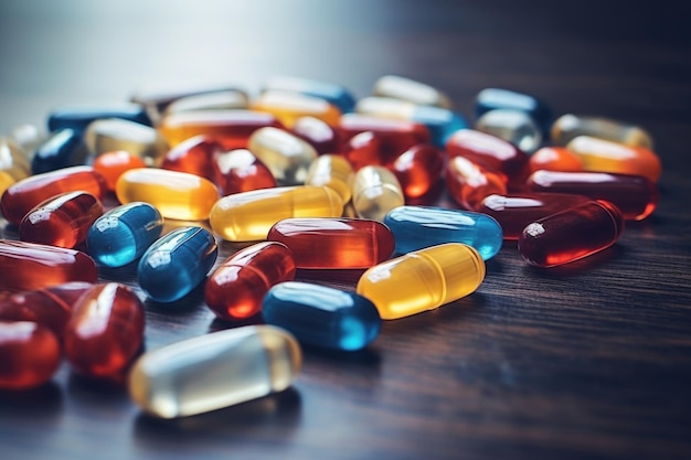 Pile de pilules médicales colorées sur fond abstrait Différents types de comprimés d'antibiotiques ou de vitamines en gros plan