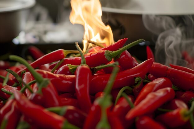 Une pile de piments rouges avec le haut en flammes