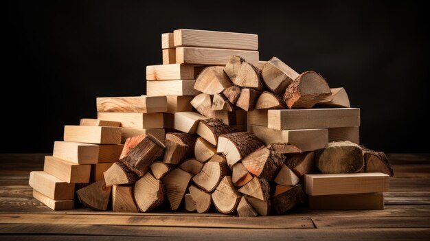 Photo une pile de planches de bois et un tas de briques