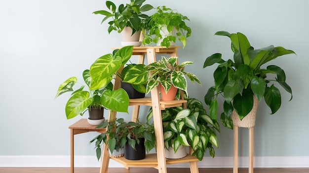 Une pile de plantes en pot sur une étagère en bois.