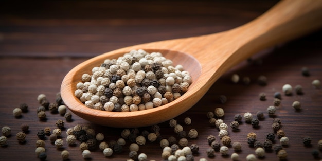 Photo une pile de poivre blanc dans une cuillère en bois, un gros plan sec, un tas d'épices sur une table en bois, des épices biologiques.