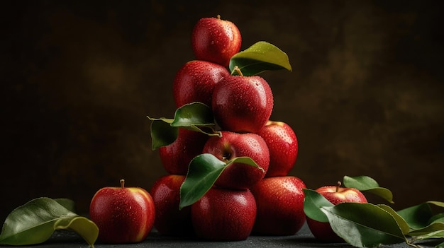 Une pile de pommes rouges avec des feuilles sur le dessus