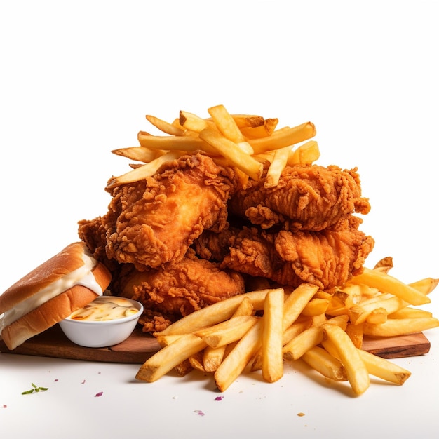 Pile de poulet frit et frites sur une planche à découper